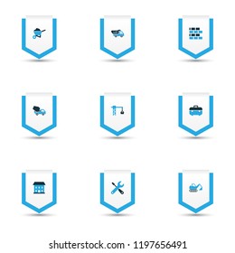 Construction icons colored set with wheelbarrow, excavator, concrete mixer and other case elements. Isolated vector illustration construction icons.