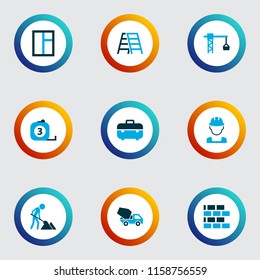 Construction icons colored set with window, concrete mixer, stepladder and other worker  elements. Isolated vector illustration construction icons.