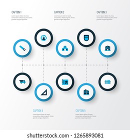 Construction icons colored set with working, school, straightedge and other chapel elements. Isolated vector illustration construction icons.