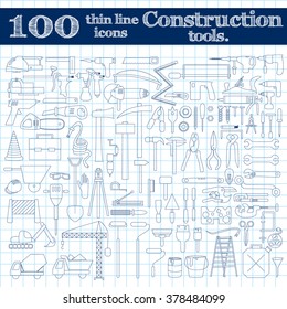 Construction icons - drill, perforator and other tools. Thin line set of 100 in blue colors on notebook. Vector illustration.