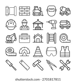 Construction icons featuring tools, building elements, and protective gear