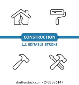 Symbole für Konstruktionen. Home Verbesserung, Werkzeuge, Farbwalze, Hammer, Haus-Ikone. Professionell, 32x32 Pixel perfekte Vektor-Symbol. Bearbeitbarer Strich