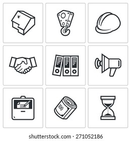 Construction Icons: House, Crane, Helmet, Handshake, Accounting, Speaker, Portfolio, Money, Sand Timer. Vector Illustration.