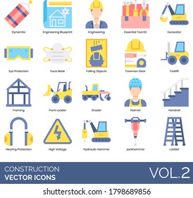 Construction icons including dynamite, engineering blueprint, essential toolkit, excavator, eye, face mask, falling object, foreman gear, forklift, framing, front loader, grader, hairnet, handrail.