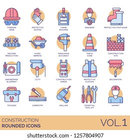 Construction icons including foreman, protective gloves, crane, engineer, footwear, wheelbarrow, accuracy, traffic cone, site, blueprint, CCTV, apron, decoration, toolbox, carpentry, drilling, hairnet