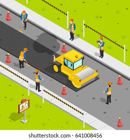 Construction icons isometric composition with steam roller laying asphalt on roadway with safety cones and workers vector illustration