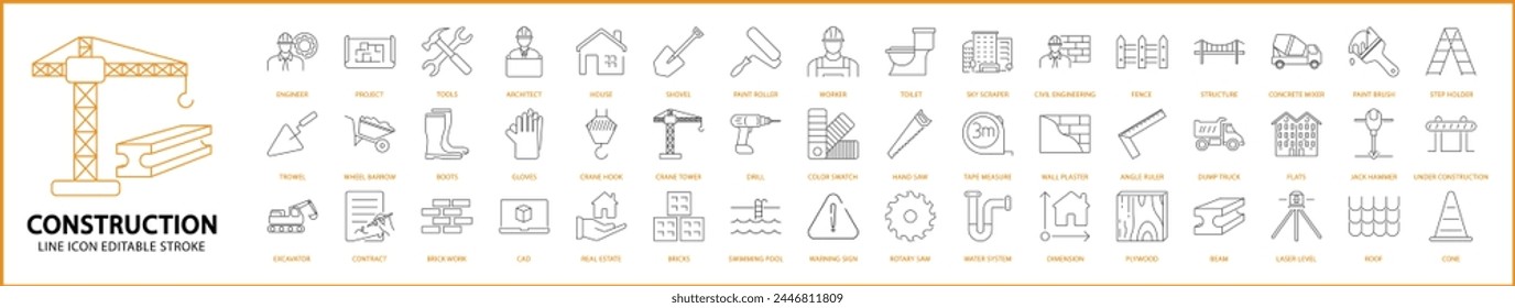 Construction icons. Construction line icons. Construction icon set. Vector illustration. Editable stroke.