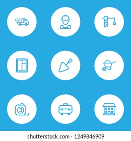Construction icons line style set with carry cart, equipment, measure tool and other house elements. Isolated vector illustration construction icons.