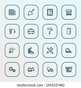 Construction icons line style set with tractor, wall, entrance and other trowel elements. Isolated vector illustration construction icons.