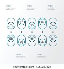 Construction icons line style set with spatula, stair, painting bucket and other concrete mixer elements. Isolated vector illustration construction icons.