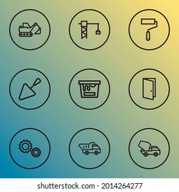 Construction icons line style set with cement vehicle, digger, painting bucket and other tipper elements. Isolated vector illustration construction icons.