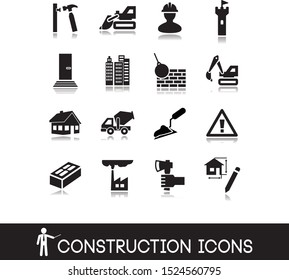 Construction icons with materials and tools symbols.
