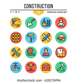 Construction icons. Modern thin line icons set. Premium quality. Outline symbols, graphic elements, concept collection, flat line icons for web design, mobile app, ui, infographic. Vector illustration