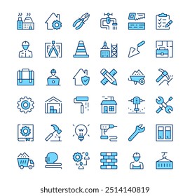 Construction icons. Outline symbols. Vector blue line icons set