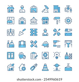 Construction icons. Outline symbols. Vector blue line icons set