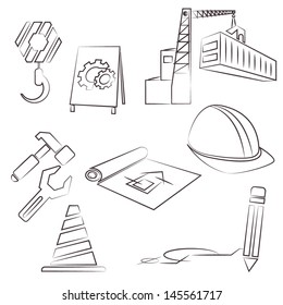 construction icons, pencil sketch line icons set, vector