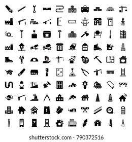 Construction icons. set of 100 editable filled construction icons such as aid post, building, building   isolated  sign symbol, barn, door with heart, factory, ladder, stairs