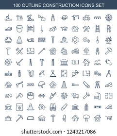 construction icons. Set of 100 outline construction icons included wheel barrow, home with heart, ladder to the sky on white background. Editable construction icons for web, mobile and infographics.