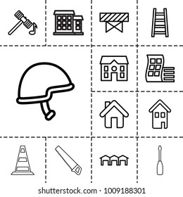 Construction icons. set of 13 editable outline construction icons such as modern curved building, barrier, hammer, house, ladder, helmet, home, garage, cone barrier, building