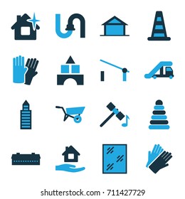 Construction icons set. set of 16 construction bi-color icons such as home, barn, wheel barrow, barrier, truck crane, cone barrier, pyramid, toy tower, hammer, glove, building