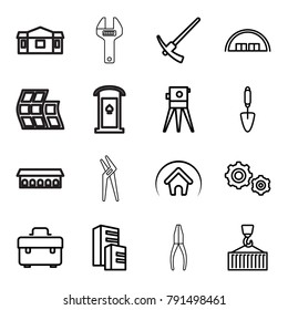 Construction icons. set of 16 editable outline construction icons such as barn, building, toolbox, theodolite, trowel, cargo on hook, home, hammer, gear    sign symb