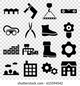 Construction icons set. set of 16 construction filled icons such as building, house, level ruler, hook with cargo, nail gun, pliers, welding glasses, boot, hospital, garage