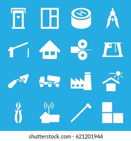 Construction icons set. set of 16 construction filled icons such as door with heart, factory, brick wall, window, trowel, concrete mixer, pliers, compass, garden hammer