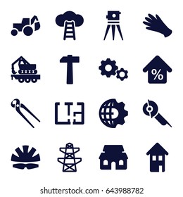 Construction icons set. set of 16 construction filled icons such as gloves, excavator, theodolite, electric saw, pliers, pylon, cargo crane, house building, home, mortgage