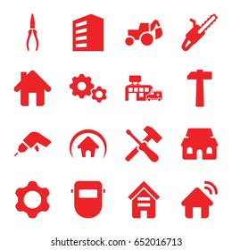 Construction icons set. set of 16 construction filled icons such as building, drill, excavator, pliers, welder mask, chain saw, hospital, home, house building, gear, hammer