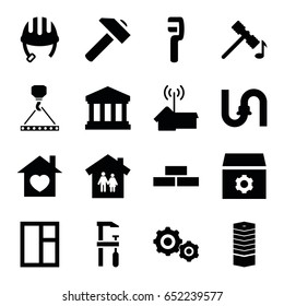 Construction icons set. set of 16 construction filled icons such as business centre, helmet, brick wall, hammer, pipe, window, gear, hummer, hook with cargo, chainsaw, clamp