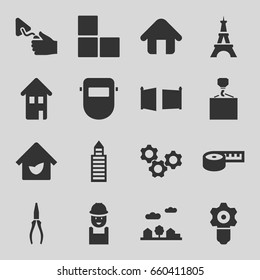 Construction icons set. set of 16 construction filled icons such as brick wall, eiffel tower, building, worker, hook with cargo, pliers, trowel, welder mask, home