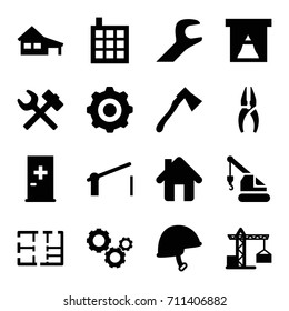 Construction icons set. set of 16 construction filled icons such as aid post, construction crane, house, building, nippers, crane, axe, helmet, wrench, home, barrier, plan