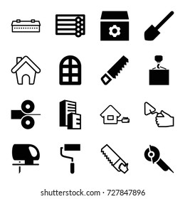 Construction icons set. set of 16 construction filled and outline icons such as window, wooden wall, building, shovel, gear, saw, roller, hook with cargo, electric saw