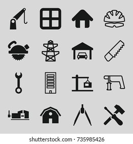 Construction icons set. set of 16 construction filled and outline icons such as window, barn, wrench, saw blade, vice clamp, pylon, cargo crane, home, construction  crane