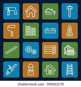 construction icons set. Set of 16 construction outline icons such as barn, house building, wooden wall, stairs, business center, worker, roller, nail gun, ladder