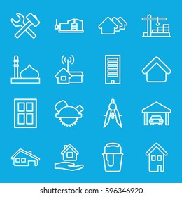 construction icons set. Set of 16 construction outline icons such as house building, mosque, house, building, window, home care, saw blade, vice clamp, compass, paint bucket