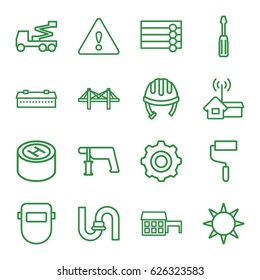 Construction icons set. set of 16 construction outline icons such as barn, wooden wall, helmet, pipe, screwdriver, roller, crane, nail gun, welder mask, bridge, hospital