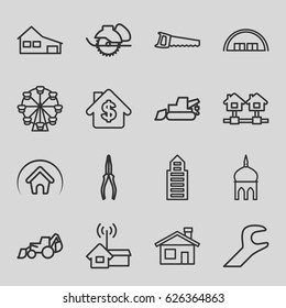 Construction icons set. set of 16 construction outline icons such as barn, mosque, house building, house, building, excavator, pliers, electric saw, saw, wrench, home
