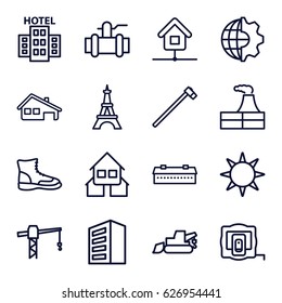 Construction icons set. set of 16 construction outline icons such as barn, building, measure tape, factory, Eiffel Tower, construction crane, excavator, pump, garden hammer