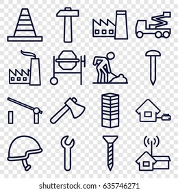 Construction icons set. set of 16 construction outline icons such as barrier, business centre, factory, nail, screw, cone, axe, concrete mixer, crane, digging man, helmet