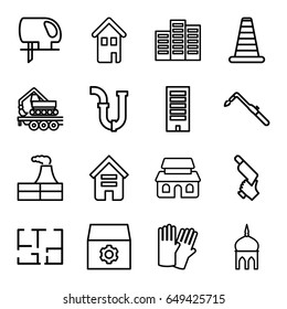 Construction icons set. set of 16 construction outline icons such as cone barrier, building, mosque, factory, glove, gear, pipe, nail gun, electric saw, blowtorch, cargo crane