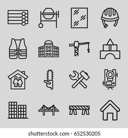 Construction icons set. set of 16 construction outline icons such as house building, building   isolated  sign symbol, wooden wall, level equipment, helmet, business center