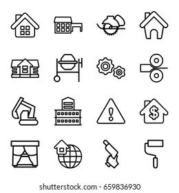 Construction icons set. set of 16 construction outline icons such as house, building, roller, concrete mixer, excavator, nail gun, electric saw, home, global home, warning