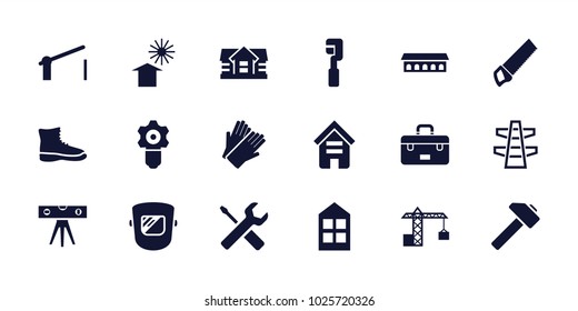 Construction icons. set of 18 editable filled construction icons: building, house, window, gloves, boot, gear keyhole, barrier, construction crane, barn, toolbox, hummer