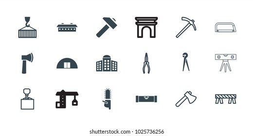 Construction icons. set of 18 editable filled and outline construction icons: building   isolated  sign symbol, level ruler, hummer, chainsaw, cargo on hook, axe, barrier