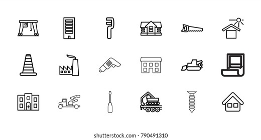 Construction icons. set of 18 editable outline construction icons: cone barrier, house, building, excavator, clamp, saw, house under sun, cargo crane, hospital building, home