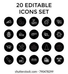 Construction icons. set of 20 editable outline construction icons such as barn, house, excavator, tape, level ruler, pylon. best quality construction elements in trendy style.