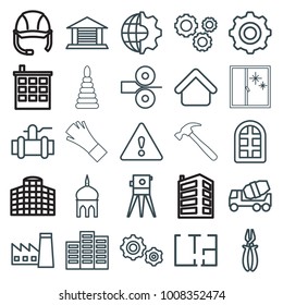 Construction icons. set of 25 editable outline construction icons such as window, house building, factory, mosque, building, concrete mixer, theodolite, pliers, pump