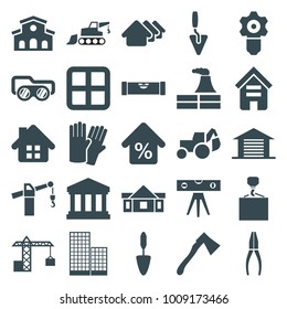 Construction icons. set of 25 editable filled construction icons such as building, window, level ruler, house, factory, glove, excavator, hook with cargo, trowel, axe