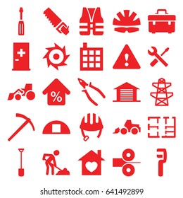 Construction icons set. set of 25 construction filled icons such as aid post, helmet, building, toolbox, screwdriver, excavator, saw, pliers, digging man, pylon